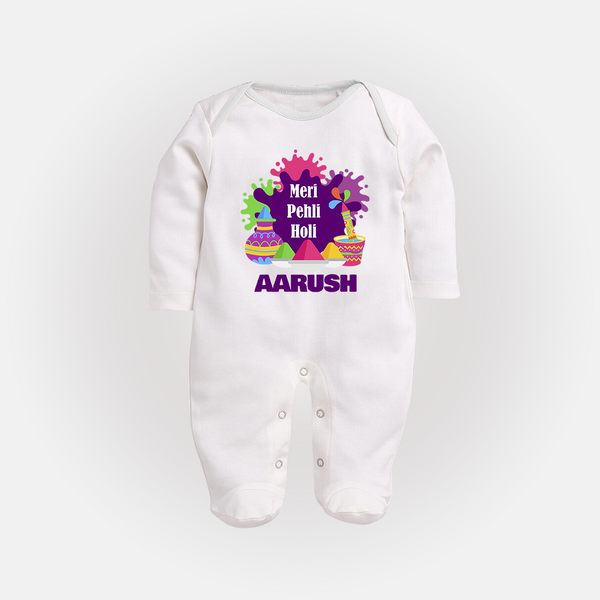 Meri Pehli Holi Personalized Kids Fullbody Suit - WHITE - New Born (Chest 7.5")