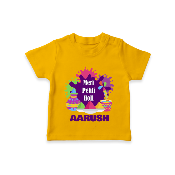 Meri Pehli Holi Personalized Kids T-Shirt - CHROME YELLOW - 0-5 Months Old (Chest 17")