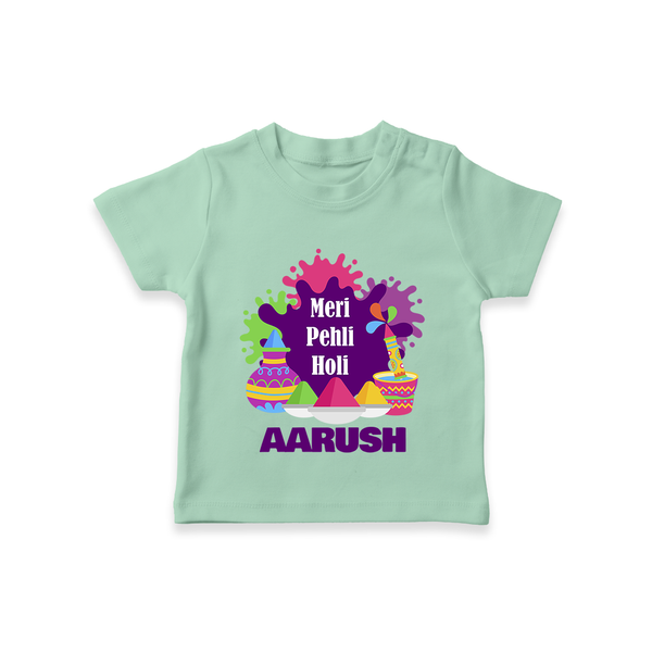 Meri Pehli Holi Personalized Kids T-Shirt - MINT GREEN - 0-5 Months Old (Chest 17")