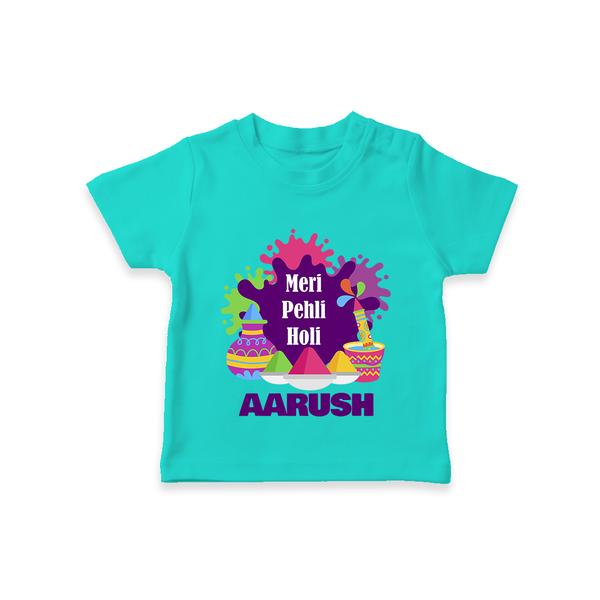 Meri Pehli Holi Personalized Kids T-Shirt - TEAL - 0-5 Months Old (Chest 17")