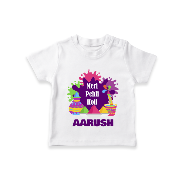 Meri Pehli Holi Personalized Kids T-Shirt - WHITE - 0-5 Months Old (Chest 17")