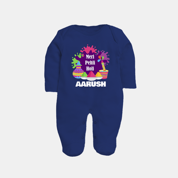 Meri Pehli Holi Personalized Kids Fullbody Suit - NAVY BLUE - New Born (Chest 7.5")