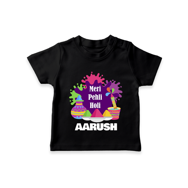 Meri Pehli Holi Personalized Kids T-Shirt - BLACK - 0-5 Months Old (Chest 17")
