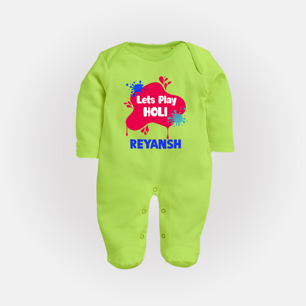 Lets play Holi Personalized Kids Fullbody Suit - LIME GREEN - New Born (Chest 7.5")