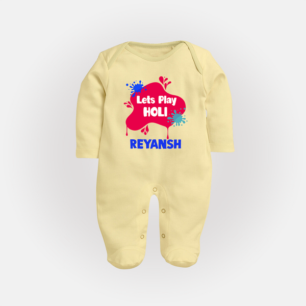 Lets play Holi Personalized Kids Fullbody Suit - PASTEL YELLOW - New Born (Chest 7.5")
