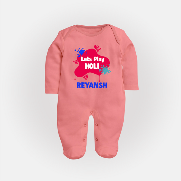 Lets play Holi Personalized Kids Fullbody Suit - PEACH - New Born (Chest 7.5")