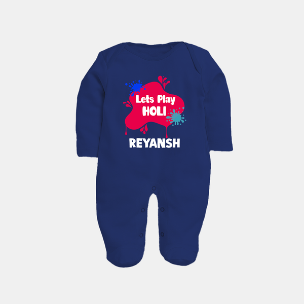 Lets play Holi Personalized Kids Fullbody Suit - NAVY BLUE - New Born (Chest 7.5")