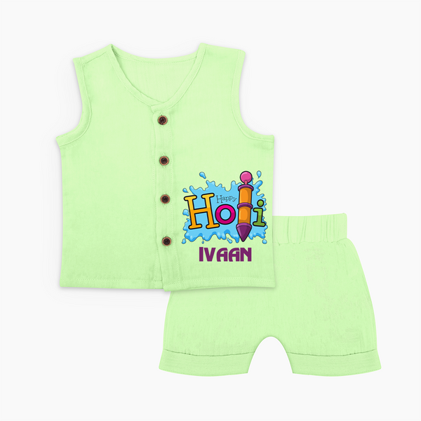 Happy Holi Personalized Kids Jabla Set - PASTEL GREEN - 0 - 3 Months Old (Chest 9.8")