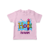 Happy Holi Personalized Kids T-Shirt - BABY PINK - 0-5 Months Old (Chest 17")