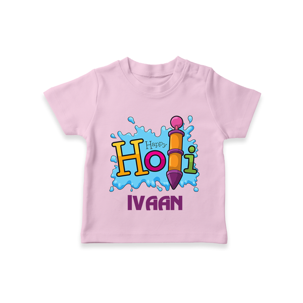 Happy Holi Personalized Kids T-Shirt - BABY PINK - 0-5 Months Old (Chest 17")