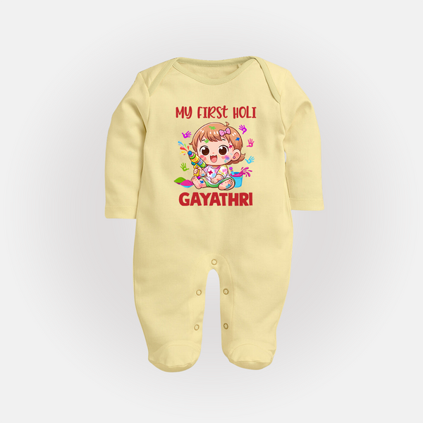 My First Holi Girl version Fullbody Suit – Custom - PASTEL YELLOW - New Born (Chest 7.5")