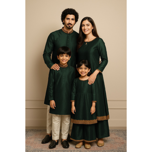 Indian family wearing coordinated raw silk ethnic outfits with golden lace detailing — dad in kurta, mom in Anarkali set, son in kurta, and daughter in frock and palazzo — festive family ethnic wear set.