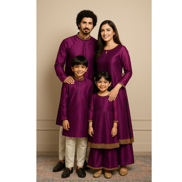 Indian family wearing coordinated raw silk ethnic outfits with golden lace detailing — dad in kurta, mom in Anarkali set, son in kurta, and daughter in frock and palazzo — festive family ethnic wear set.