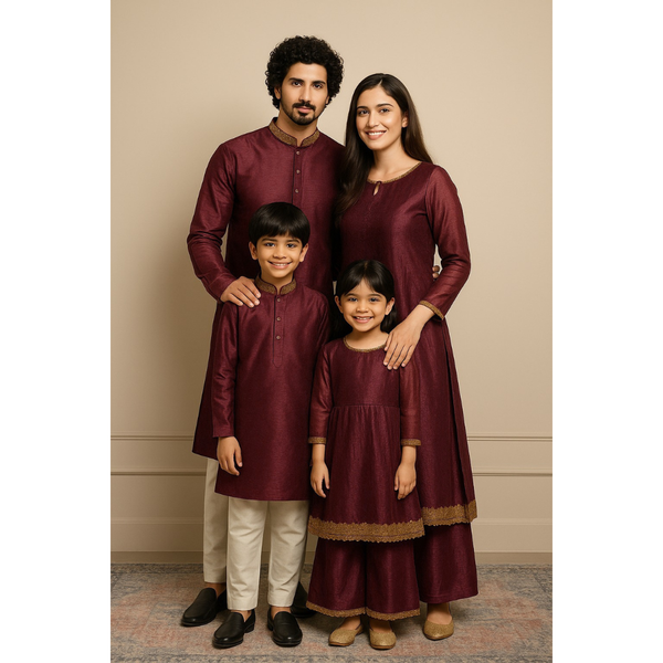 Indian family wearing coordinated raw silk ethnic outfits with golden lace detailing — dad in kurta, mom in Anarkali set, son in kurta, and daughter in frock and palazzo — festive family ethnic wear set.