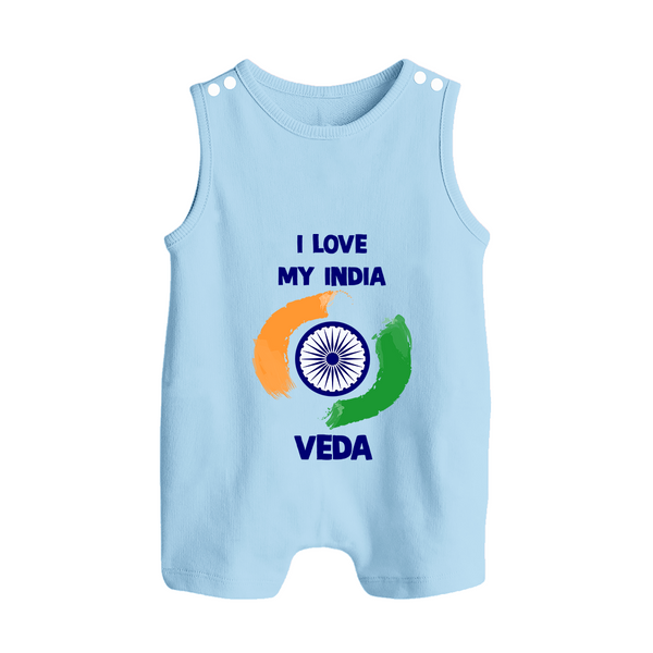 I Love My India Tricolour Pride Button Romper - BABY BLUE - New Born (Chest 18")