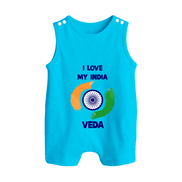 I Love My India Tricolour Pride Button Romper - SKY BLUE - New Born (Chest 18")