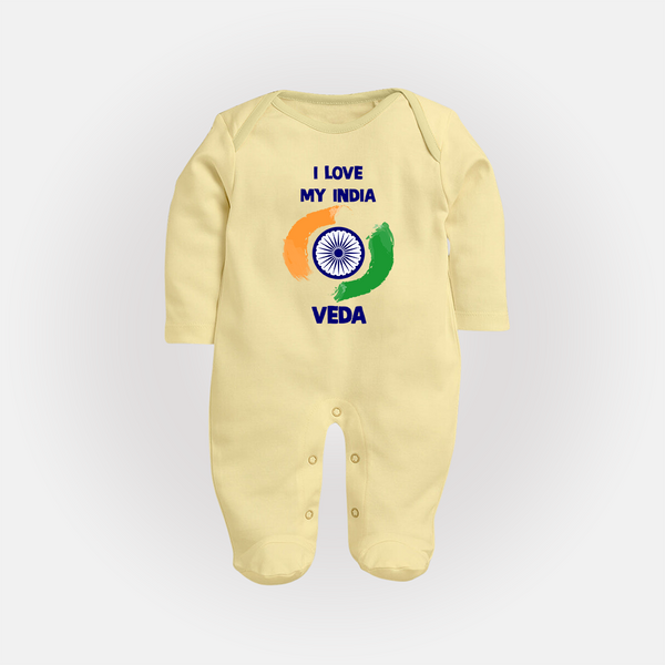 I Love My India Personalised Baby Fullbody Suit - PASTEL YELLOW - New Born (Chest 7.5")