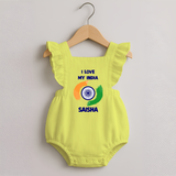 I Love My India Personalised   Romper Frock - PASTEL YELLOW - 0 - 3 Months Old (Chest 19")