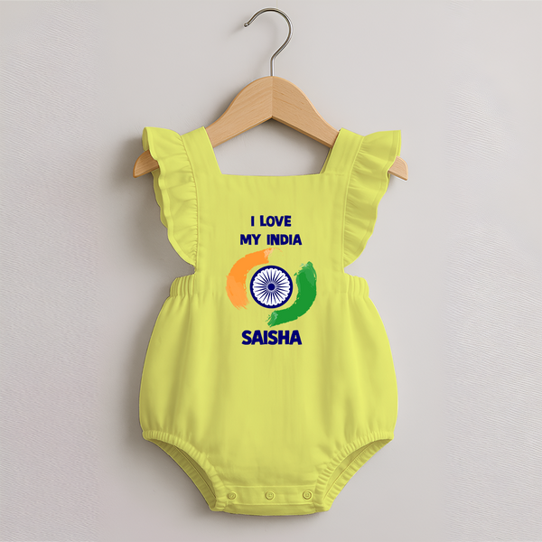I Love My India Personalised   Romper Frock - PASTEL YELLOW - 0 - 3 Months Old (Chest 19")