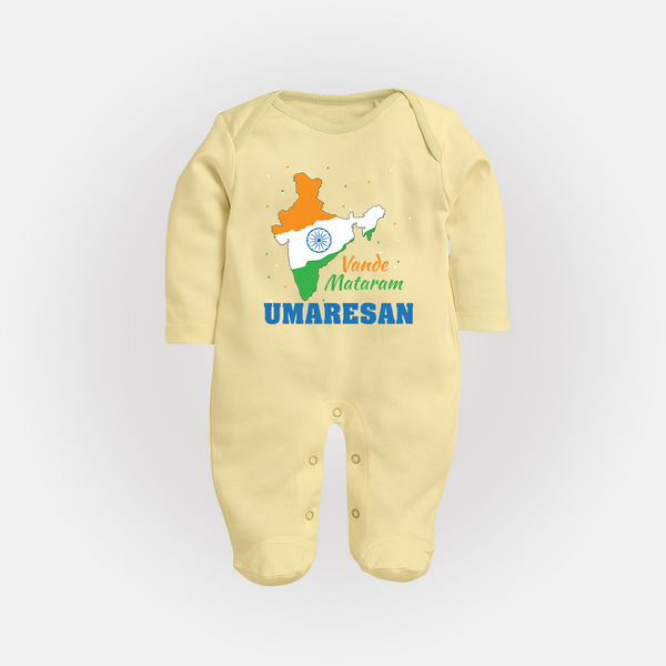 Vande Mataram Personalised Baby Fullbody Suit - PASTEL YELLOW - New Born (Chest 7.5")