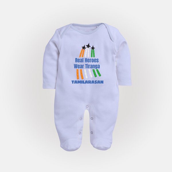 Real Heroes Wear Tiranga Customized Baby Fullbody Suit - BABY BLUE - New Born (Chest 7.5")