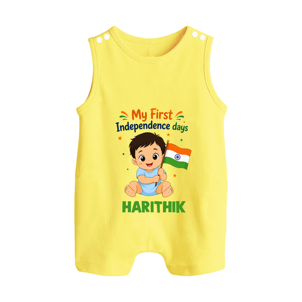 My First Independence Day Flag Baby Button Romper - PASTEL YELLOW - New Born (Chest 18")