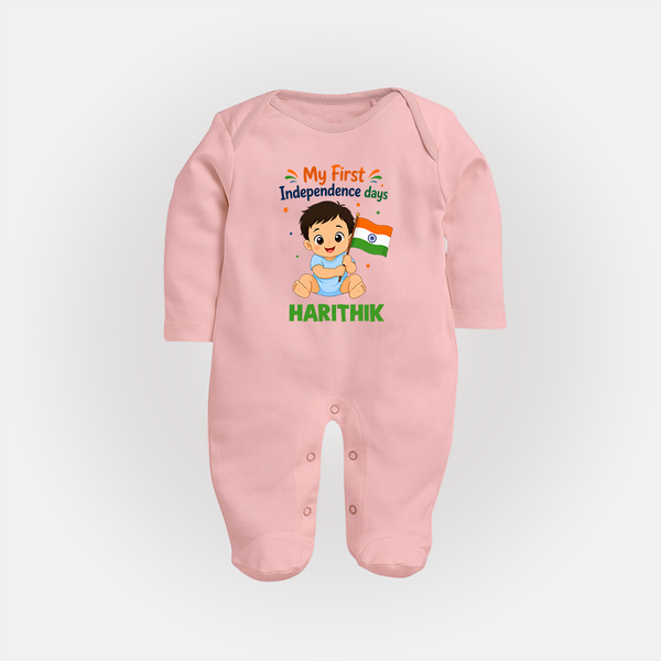 My First Independence Day Flag Baby Full Body Suit - BABY PINK - New Born (Chest 7.5")