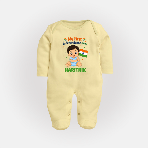 My First Independence Day Flag Baby Full Body Suit - PASTEL YELLOW - New Born (Chest 7.5")