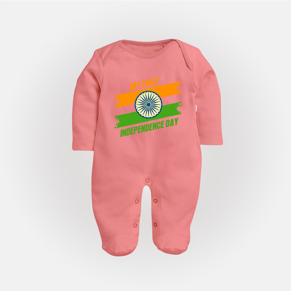 My First Independence Day Tricolour Brush Stroke Full Body Suit - PEACH - New Born (Chest 7.5")