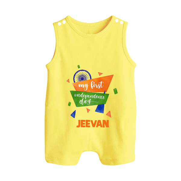My First Independence Day Tricolour Ribbon Button Romper - PASTEL YELLOW - New Born (Chest 18")