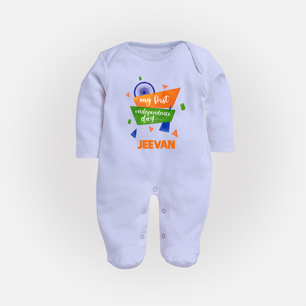 My First Independence Day Tricolour Ribbon Full Body Suit - BABY BLUE - New Born (Chest 7.5")