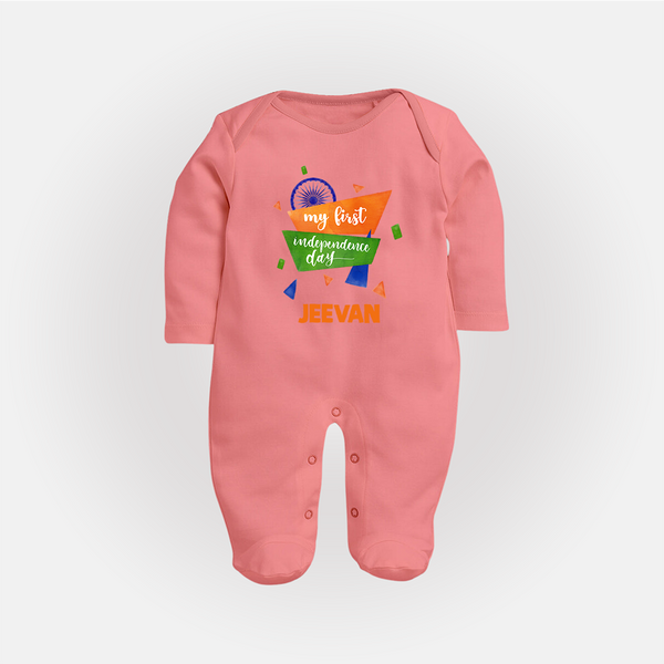 My First Independence Day Tricolour Ribbon Full Body Suit - PEACH - New Born (Chest 7.5")