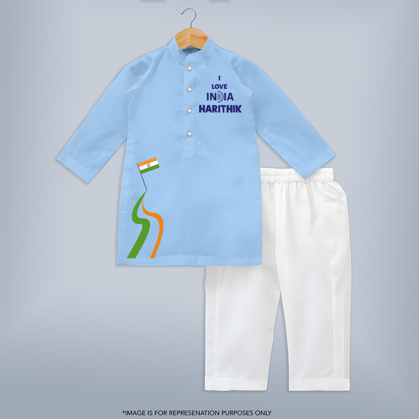 I Love India Tricolour Path Kurta - BABY BLUE - 3 - 6 Months Old (Chest 24", Kurta Length 14'', Waist 19", Pant Length 14")