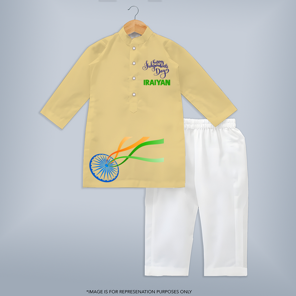 Happy Independence Day Ashoka Chakra - PASTEL YELLOW - 3 - 6 Months Old (Chest 24", Kurta Length 14'', Waist 19", Pant Length 14")