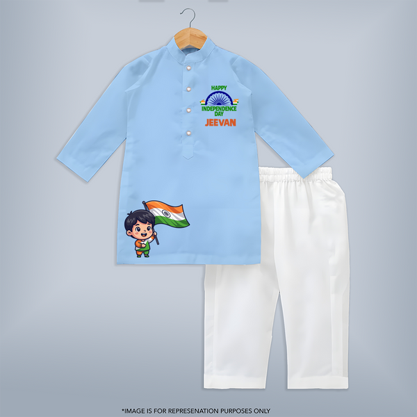 Happy Independence Day Little Patriot Kurta - BABY BLUE - 3 - 6 Months Old (Chest 24", Kurta Length 14'', Waist 19", Pant Length 14")