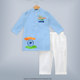 Happy Independence Day Tricolour Hands Kurta - BABY BLUE - 3 - 6 Months Old (Chest 24", Kurta Length 14'', Waist 19", Pant Length 14")