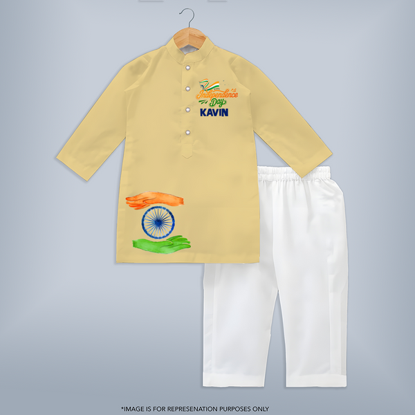 Happy Independence Day Tricolour Hands Kurta - PASTEL YELLOW - 3 - 6 Months Old (Chest 24", Kurta Length 14'', Waist 19", Pant Length 14")