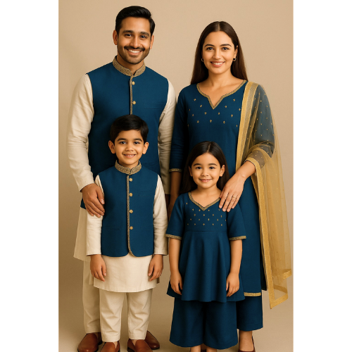 Family wearing coordinated teal blue and cream raw silk ethnic outfits — father, mother, son, and daughter dressed in matching traditional attire.