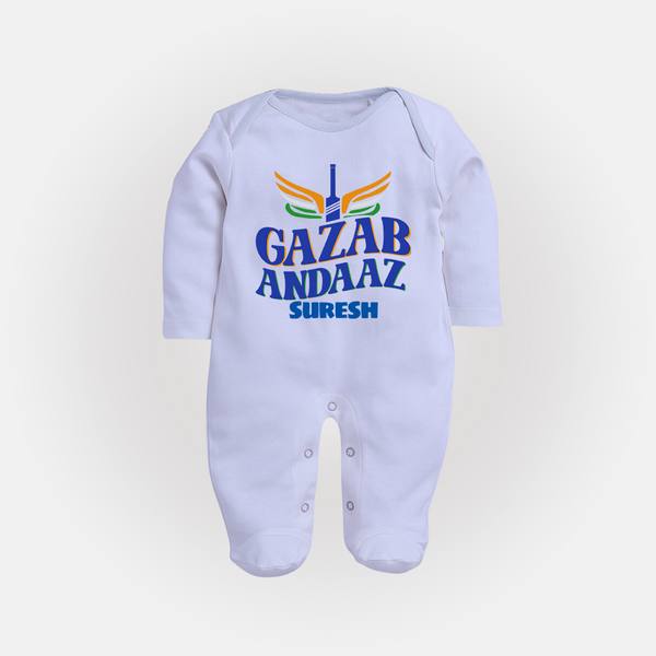 Gazab Andaaz - Cheer For Your Team With Our Customized IPL-Themed Sleep Suit For Babies With Name - BABY BLUE - New Born (Chest 7.5")