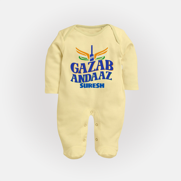 Gazab Andaaz - Cheer For Your Team With Our Customized IPL-Themed Sleep Suit For Babies With Name - PASTEL YELLOW - New Born (Chest 7.5")