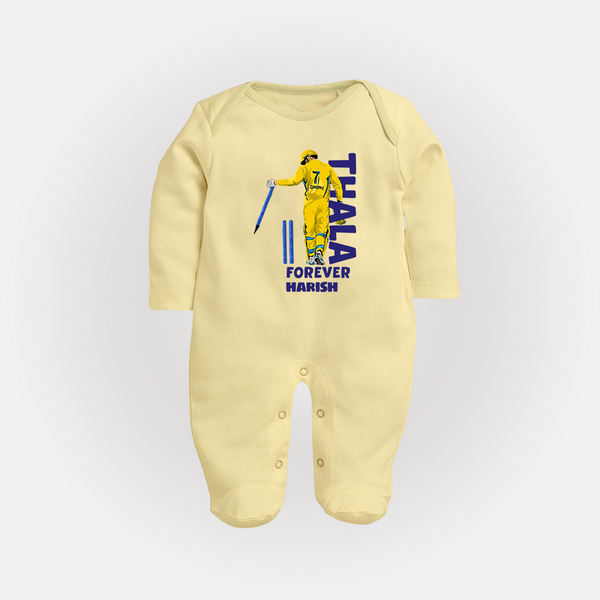 Thala Forever - Feel The Cricket Fever With Our Customized IPL-Themed Sleep Suit For Babies With Baby Name - PASTEL YELLOW - New Born (Chest 7.5")