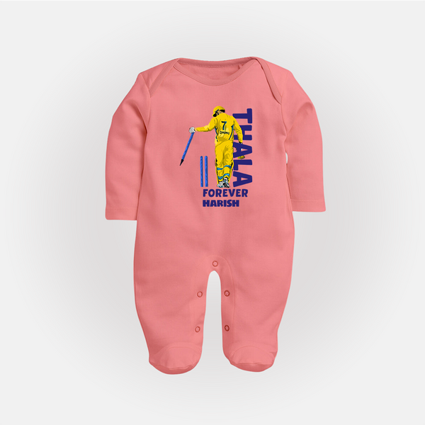 Thala Forever - Feel The Cricket Fever With Our Customized IPL-Themed Sleep Suit For Babies With Baby Name - PEACH - New Born (Chest 7.5")