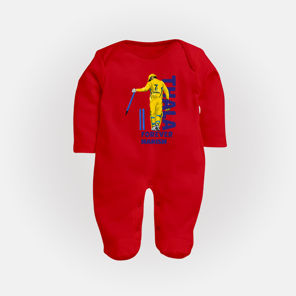 Thala Forever - Feel The Cricket Fever With Our Customized IPL-Themed Sleep Suit For Babies With Baby Name - RED - New Born (Chest 7.5")
