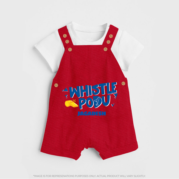 Whistle Podu - Feel The Cricket Fever With Our Customized IPL-Themed Dungaree For Kids With Baby Name - RED - 0 - 5 Months Old (Chest 18")