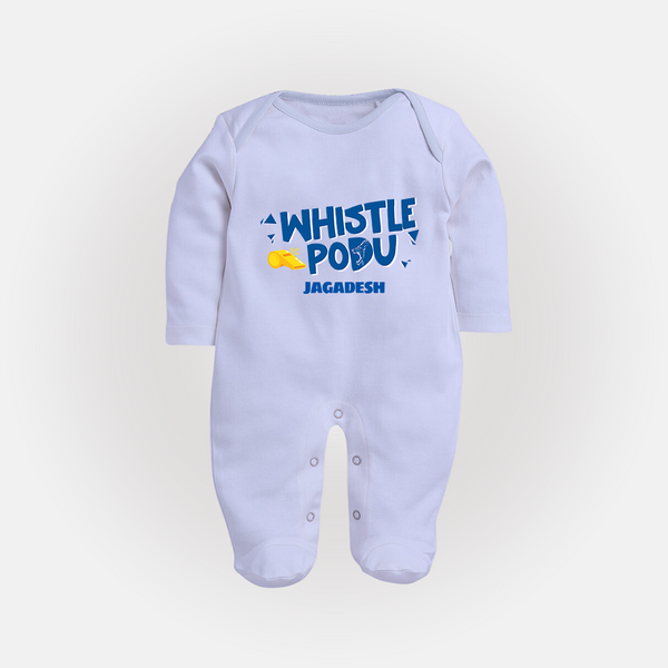 Whistle Podu - Feel The Cricket Fever With Our Customized IPL-Themed Sleep Suit For Babies With Baby Name - BABY BLUE - New Born (Chest 7.5")