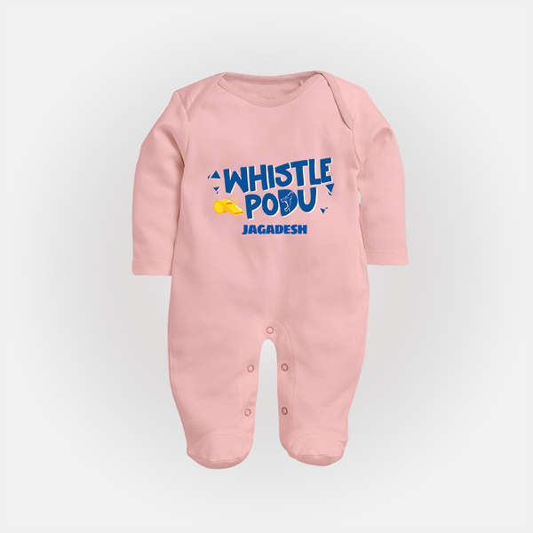 Whistle Podu - Feel The Cricket Fever With Our Customized IPL-Themed Sleep Suit For Babies With Baby Name - BABY PINK - New Born (Chest 7.5")