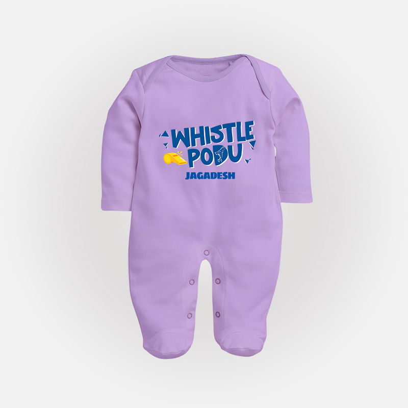 Whistle Podu - Feel The Cricket Fever With Our Customized IPL-Themed Sleep Suit For Babies With Baby Name - LILAC - New Born (Chest 7.5")