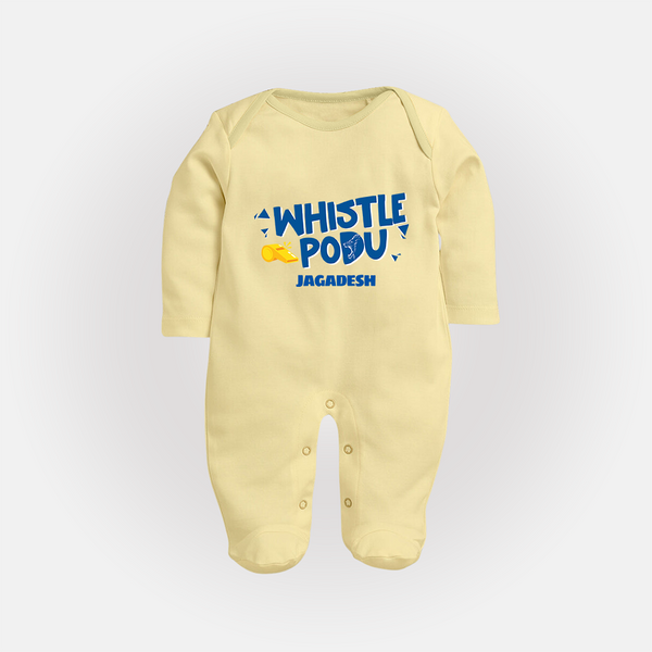 Whistle Podu - Feel The Cricket Fever With Our Customized IPL-Themed Sleep Suit For Babies With Baby Name - PASTEL YELLOW - New Born (Chest 7.5")