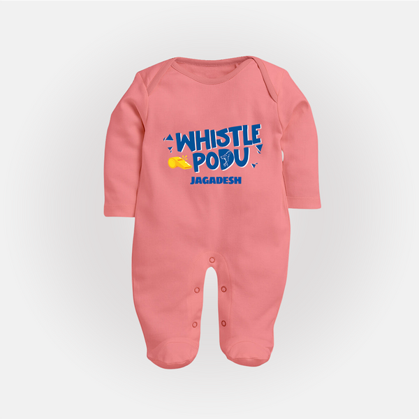 Whistle Podu - Feel The Cricket Fever With Our Customized IPL-Themed Sleep Suit For Babies With Baby Name - PEACH - New Born (Chest 7.5")