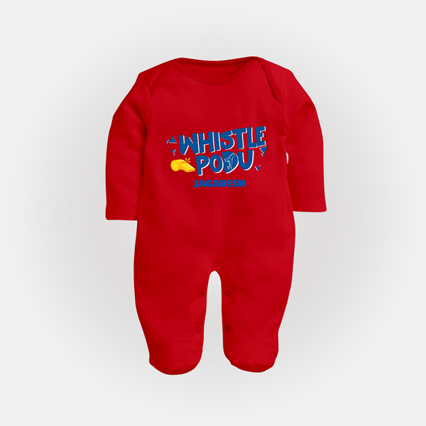 Whistle Podu - Feel The Cricket Fever With Our Customized IPL-Themed Sleep Suit For Babies With Baby Name - RED - New Born (Chest 7.5")
